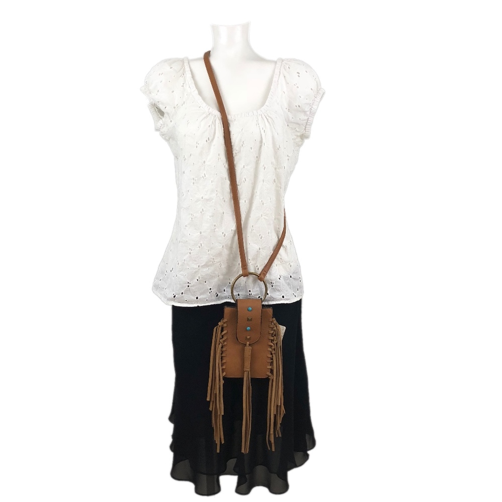 MUDD Women’s Brown Boho Fringe Cell Crossbody Bag - Picture 4 of 8
